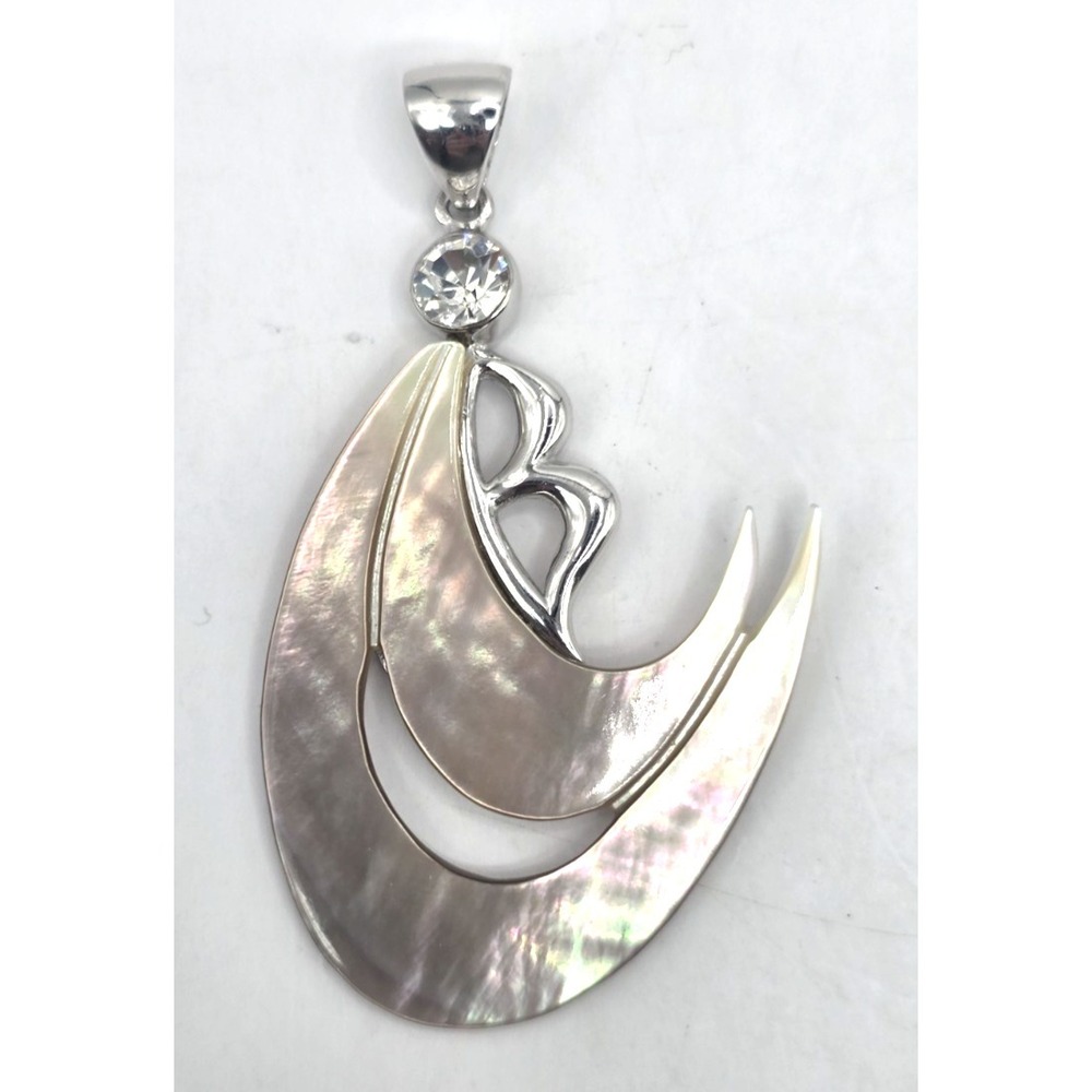 Mother of Pearl Wave Sterling Silver Letter B CZ Pendent 2.5" Handmade NEW